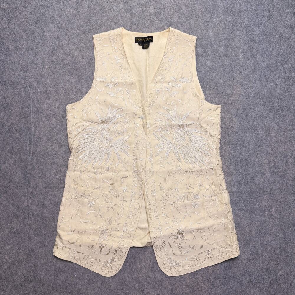 VTG ICE Vest Bge Linen Floral Embroidery Open Knit Boho Cottagecore Fairy M